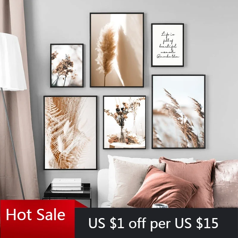 Настенная живопись на холсте бежевый язычок сушеные цветы растения