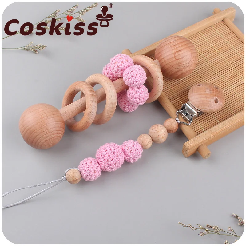 

Coskiss New Baby Products Beech Wood Rattle Teether Toys Soothing Baby Wool Ball Wooden Beads Pacifier Chain Set Toy Gift