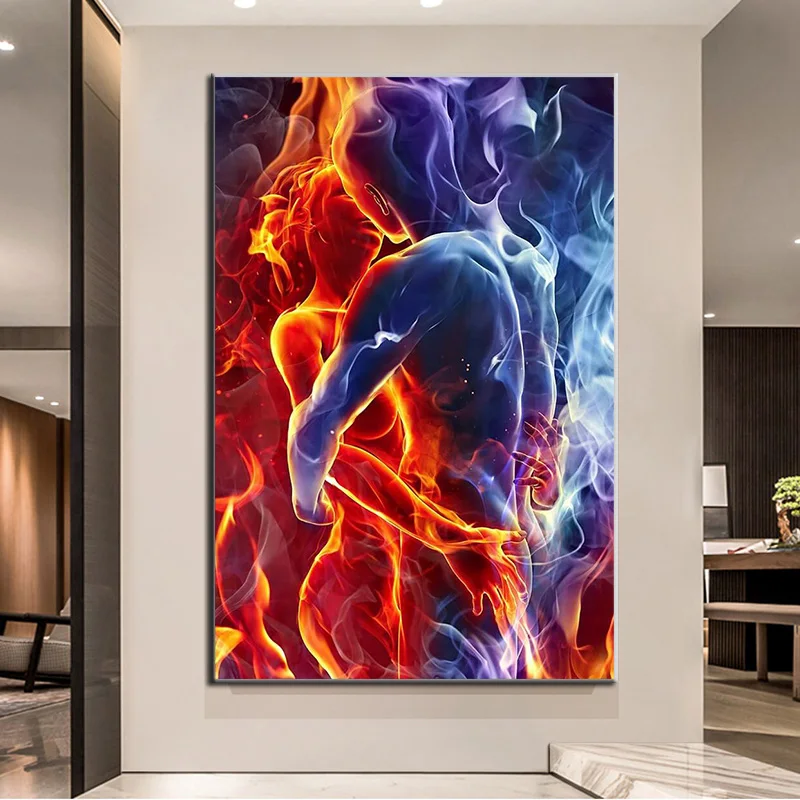 

Flame and Ice Lover Hug Kiss Abstract Canvas Painting On the Wall Art Picture for Living Room Home Decorative Poster and Prints