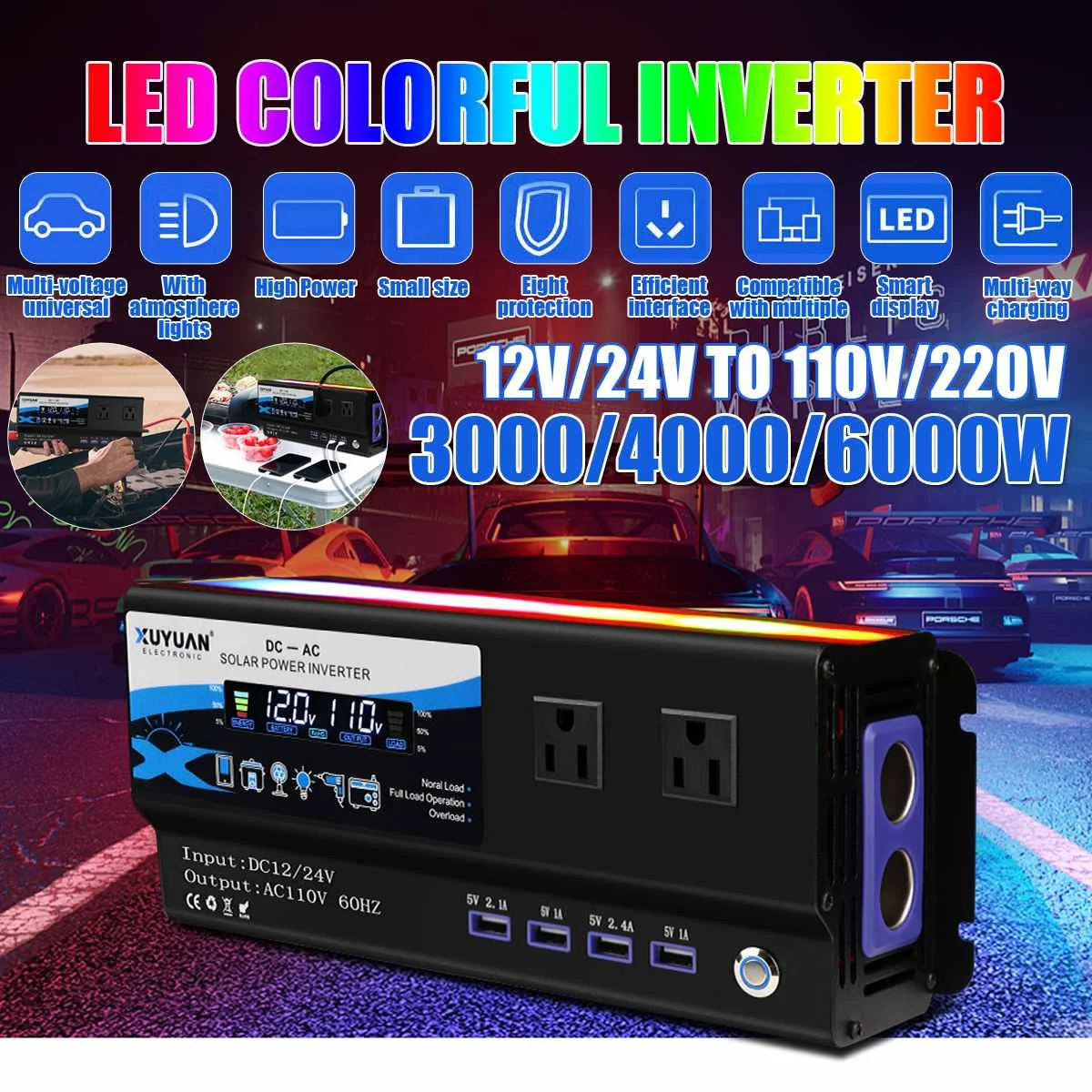 

6000W/4000W/3000W Solor Power Inverter Car Inverter 4 USB Input Voltage Transformer Adapter Charging Converter 220V /110V