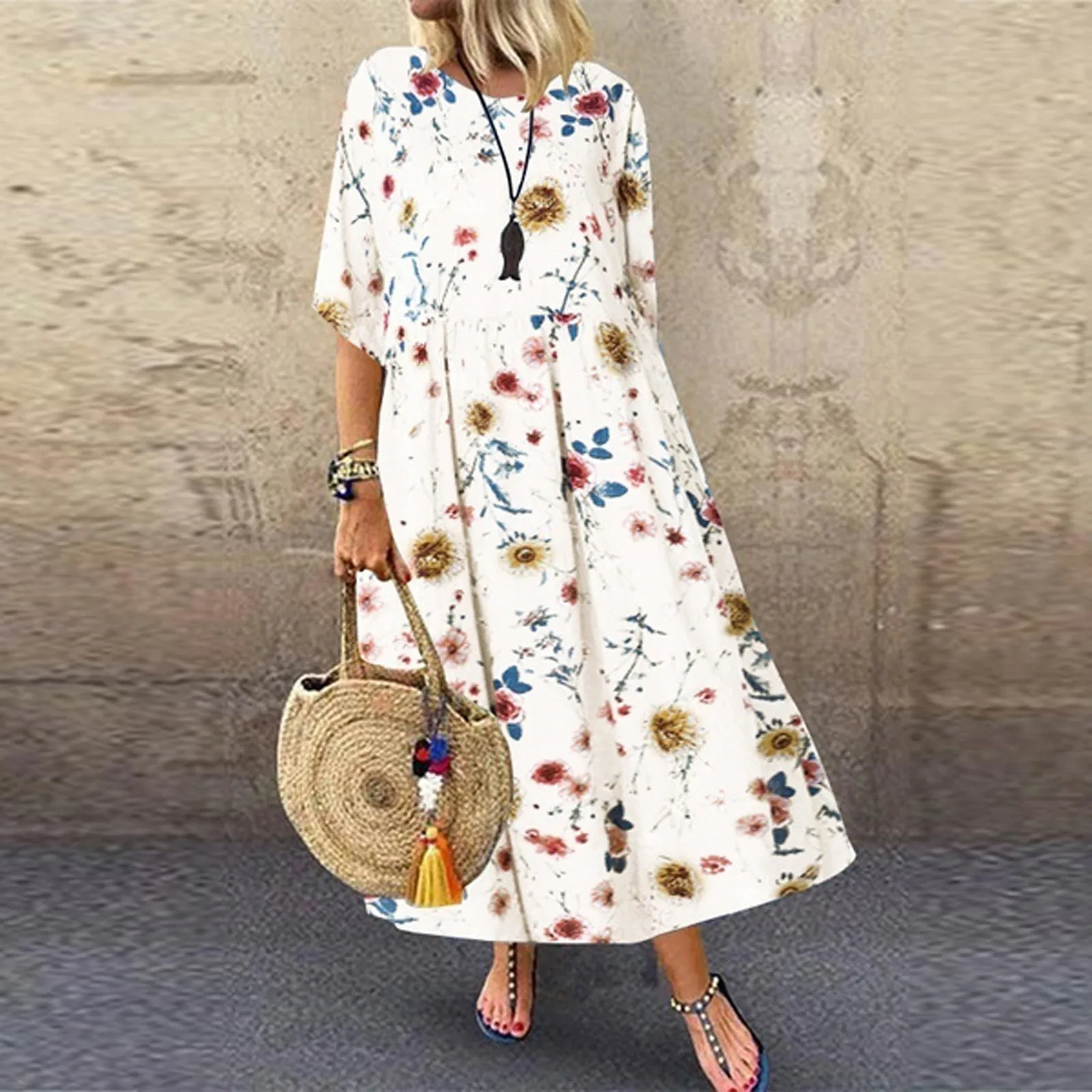 

Plus Size Fashion New Summer Women's Fashion O-neck 3 / 4 Sleeve Vintage Floral Print Dress Casual Dress Vestidos Women Clothing
