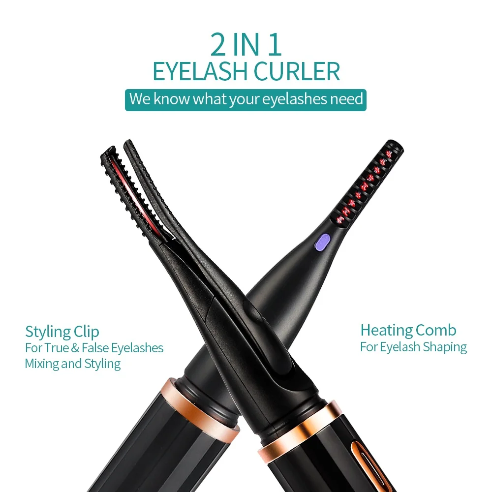 

2-IN-1 Eyelash Curler Heating Styling Clip 60s Curling Lash Curler Long-lasting Curling Comb&Clip Dual Use Ironing Brush Mascara