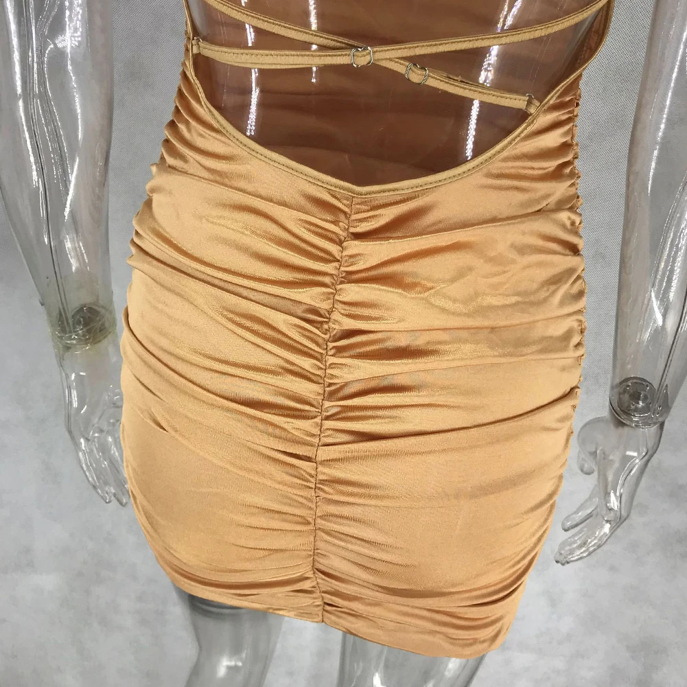 

Hot Women Party Dress Solid Color Ruched Sleeveless Backless Spaghetti Strap Bodycon Elegant Mini Dress 2021