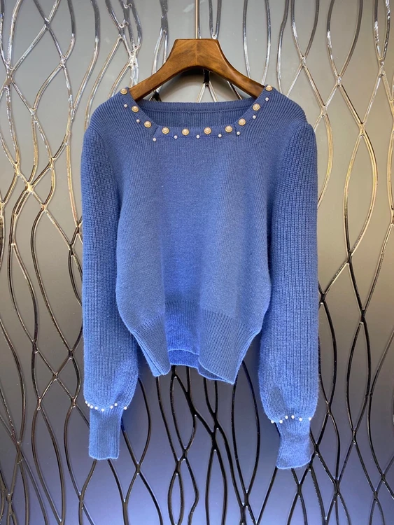 

2020 autumn and winter new ladies neckline beaded trim solid color long-sleeved sweater 1023
