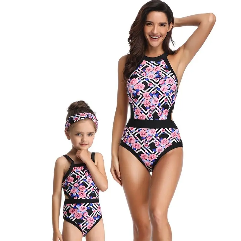 

Mother Daughter One-Piece Bikini Family Matching Outfits Swimwear Bathing Swimsuit Suit Summer Mom Girl Printing flower Swimwear