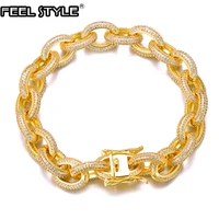 12mm iced out aaa cz twisted oval cuban link chain bracelet big clasp gold gold color zircon for men hip hop jewelry
