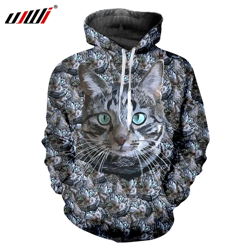 UJWI Черный кот милый 3d Толстовка с капюшоном для всего тела мужские/женские