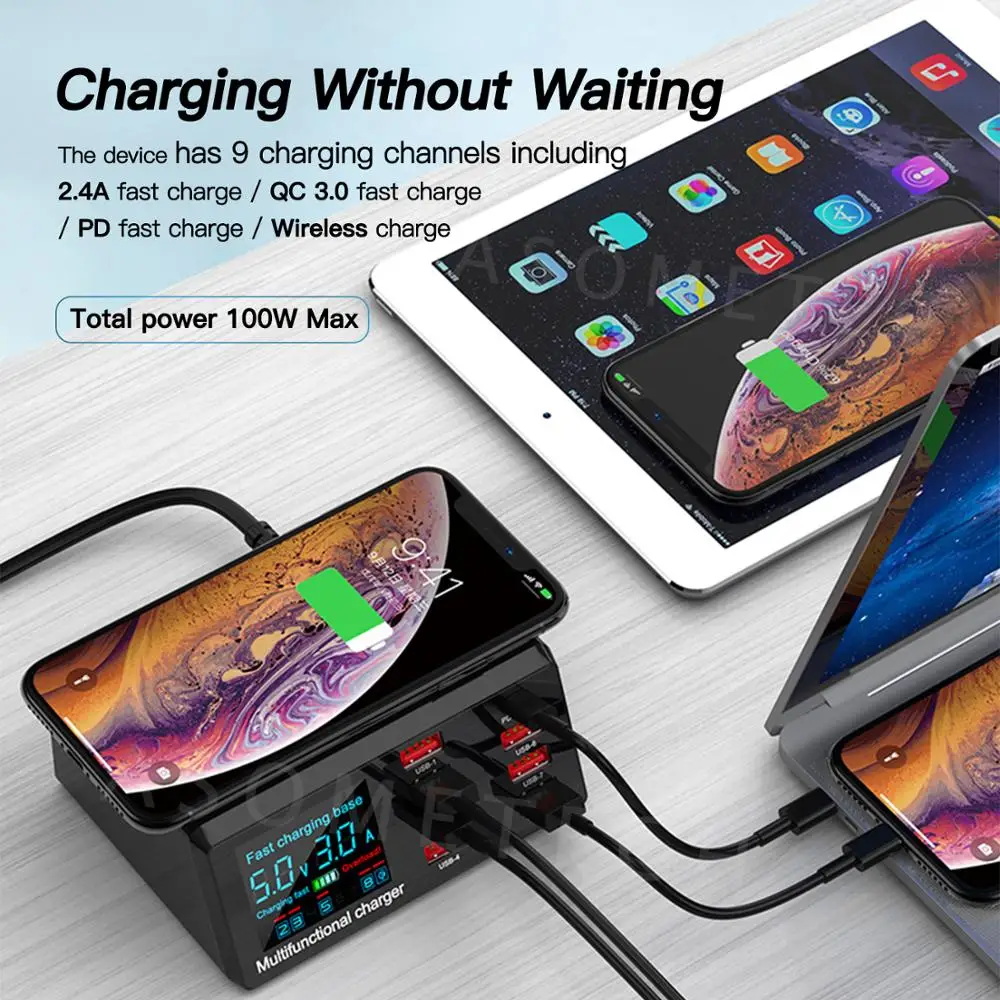 100w 8 ports usb charger qi wireless charging digital display qc pd fast charger dock station for iphone 12 11 pro xiaomi huawei free global shipping