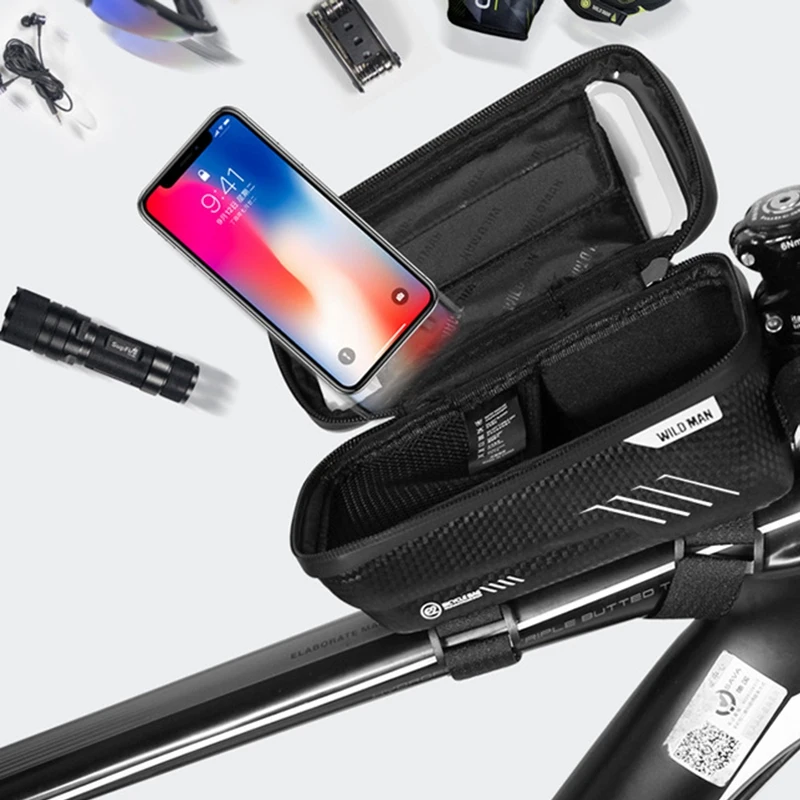 

WILD MAN Bicycle Bag Waterproof Press Sn Mobile Phone Bag Cycling Front Top Tube Frame Bag Cellphone Bag Bike Accessory(Blac