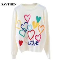 saythen 2022 spring women lovely sweater o neck colorful candy color heart embroidery knitwear slim all match pullover femme