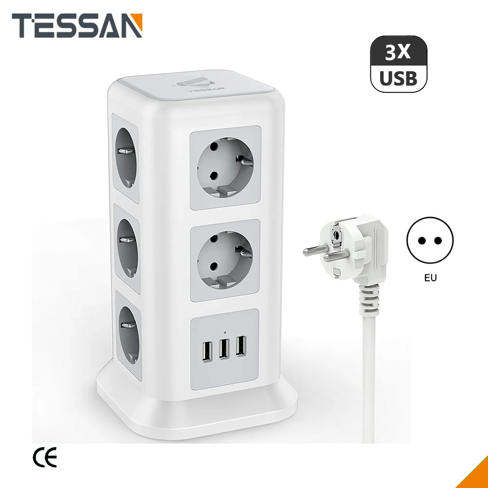 

Сетевой удлинитель TESSAN с 3 USB-портами и 11 розетками