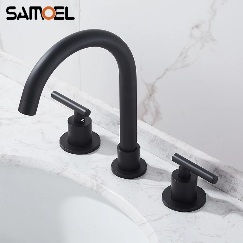 Современный латунный матовый черный смеситель для ванной комнаты с двойной ручкой, 3 шт., кран для холодной и горячей воды B3370