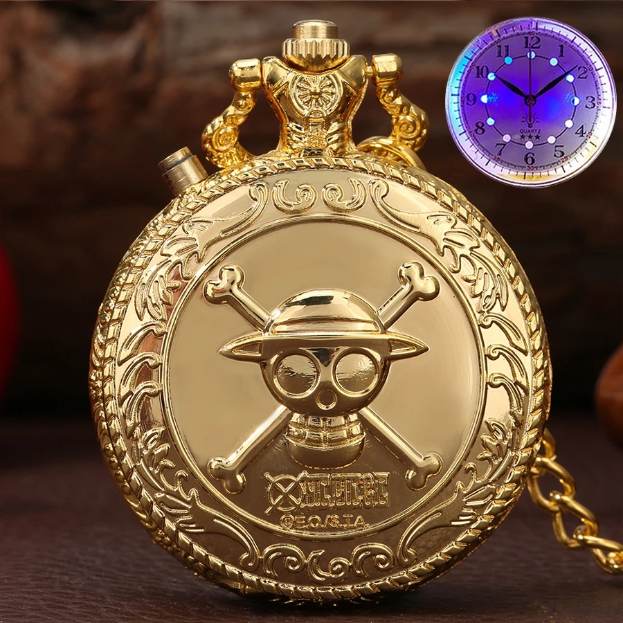 

Fashion Luminous LED Pirate Luffy One Piece Quartz Pocket Watch Unique Skull Cosplay Pendant Chain Gifts For Men Women reloj