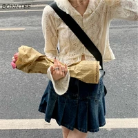 cardigan women knitting simple japanese style single breasted peter pan collar apricot flare sleeve sweet all match hollow out