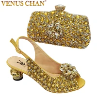 luxury golden color rhinestone italian style fashion style shoes matching bag banquet shoes bags nigeria ladies shoes and bags