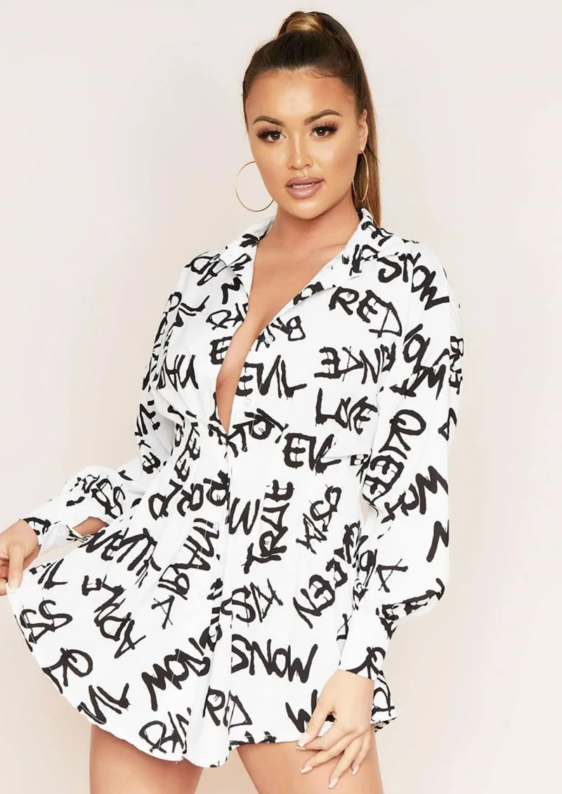 Женское платье-рубашка с принтом белое Повседневное платье длинным рукавом зима