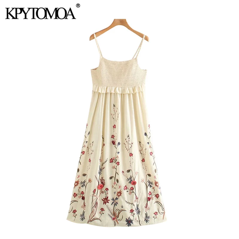 Женское платье-миди с цветочной вышивкой оборками и открытой спиной | Женская