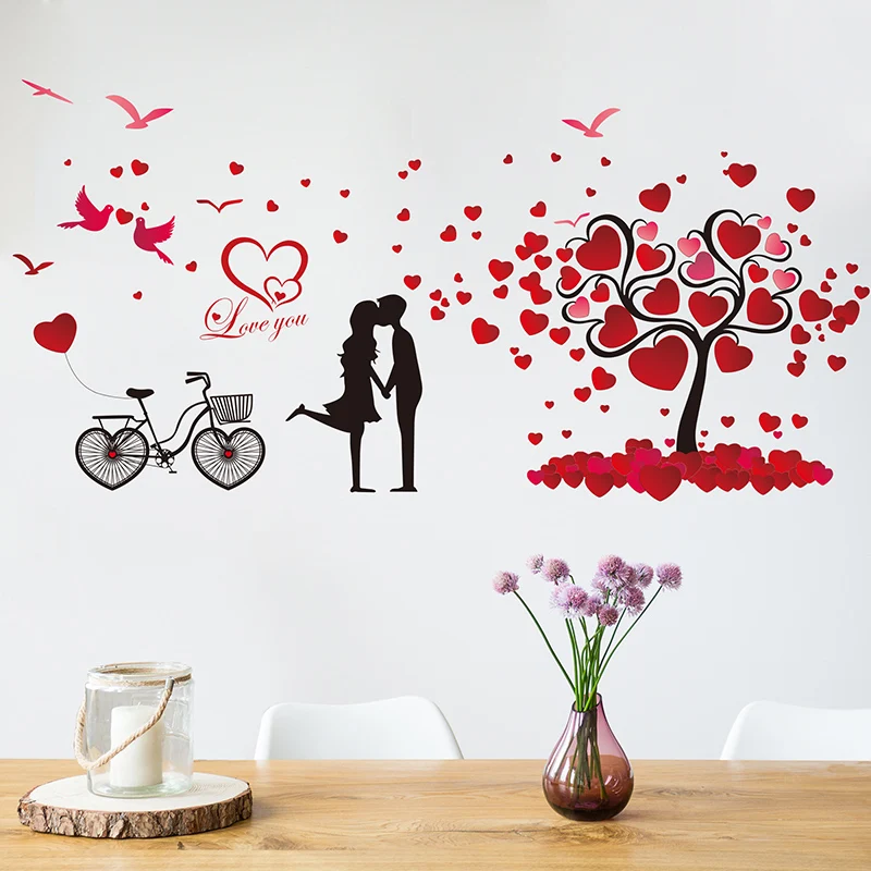 Настенные наклейки на велосипед дерево DIY мультфильм пары настенные для гостиной