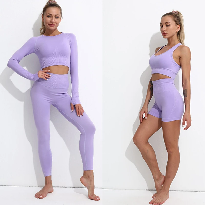 

Gym Woman Tracksuit Yoga Set Sports Workout Clothing Seamless Long Sleeve Sportswear Bra Fitness Shorts Sport Leggings Femme