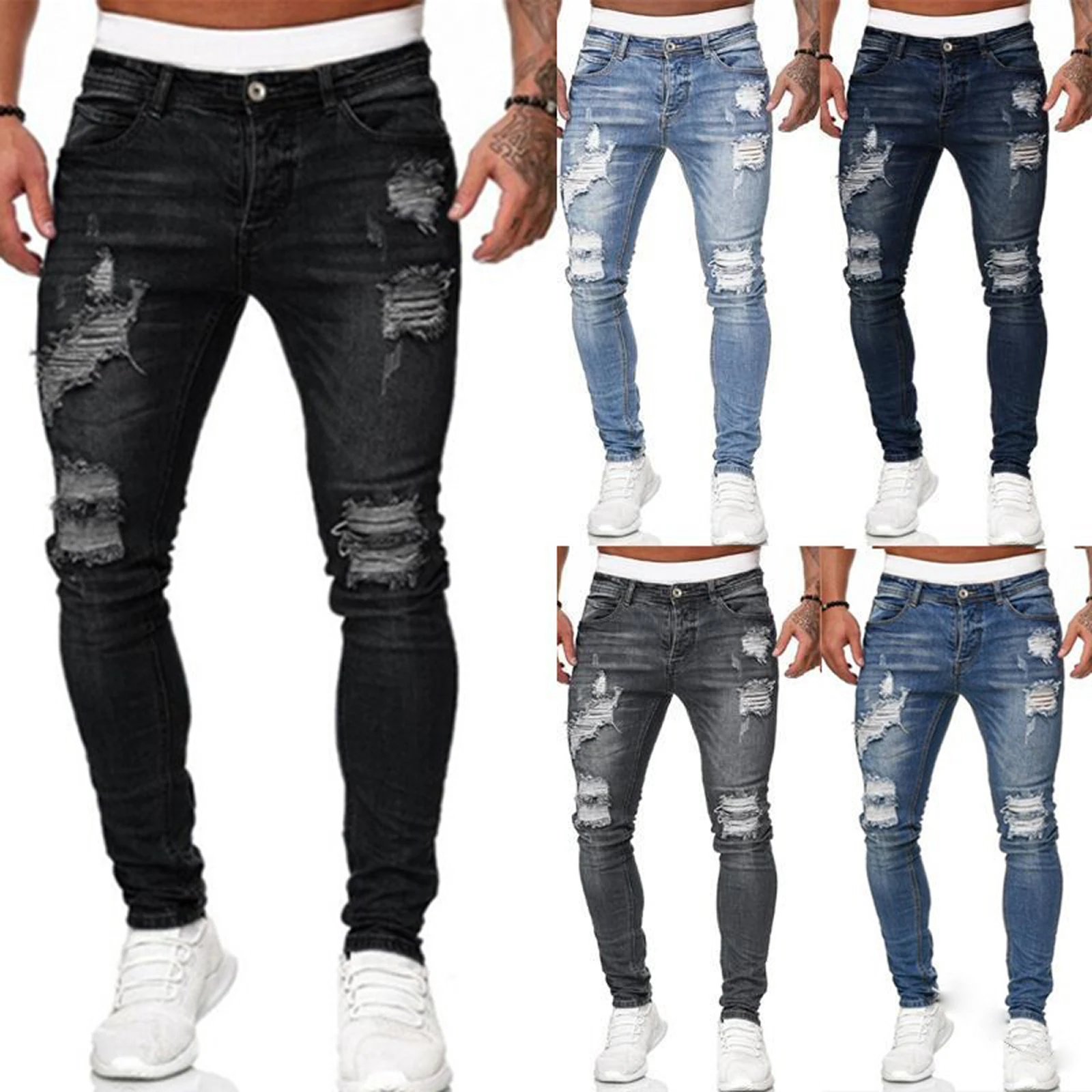 

Men's Sweatpants Sexy Hole Jeans Pants Casual Summer Autumn Male Ripped Skinny Trousers Slim Biker Outwears Pants