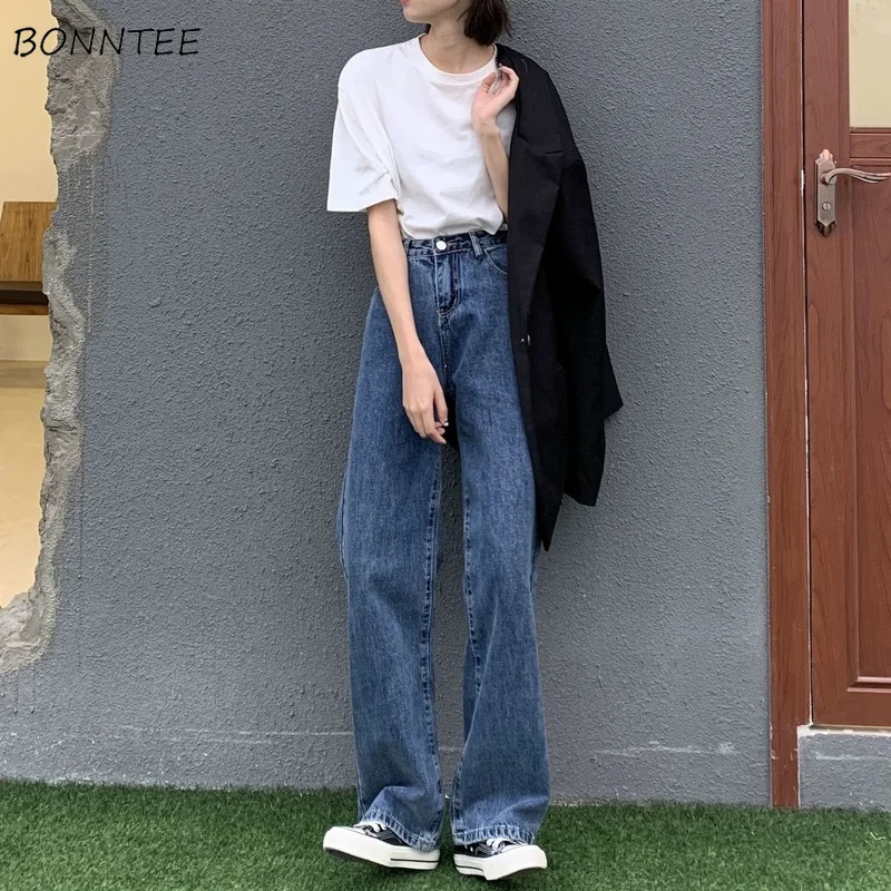 

Jeans Women Wide Leg Elegant Fashion Streetwear Leisure Full-length All-match High Waist Autumn Spring Pockets Vintage Female
