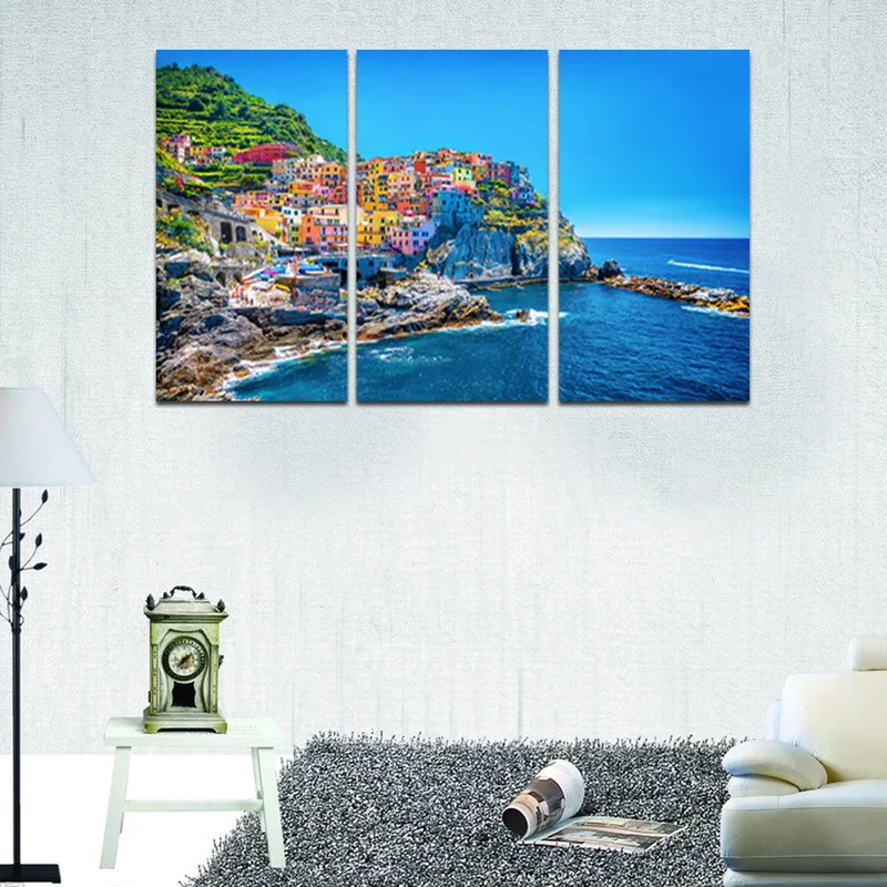 

Landscape Canvas Painting Colorful Houses Wall Art Poster 3 Pieces Beautiful Coastal Scenery Print Home Decor Modern Picture