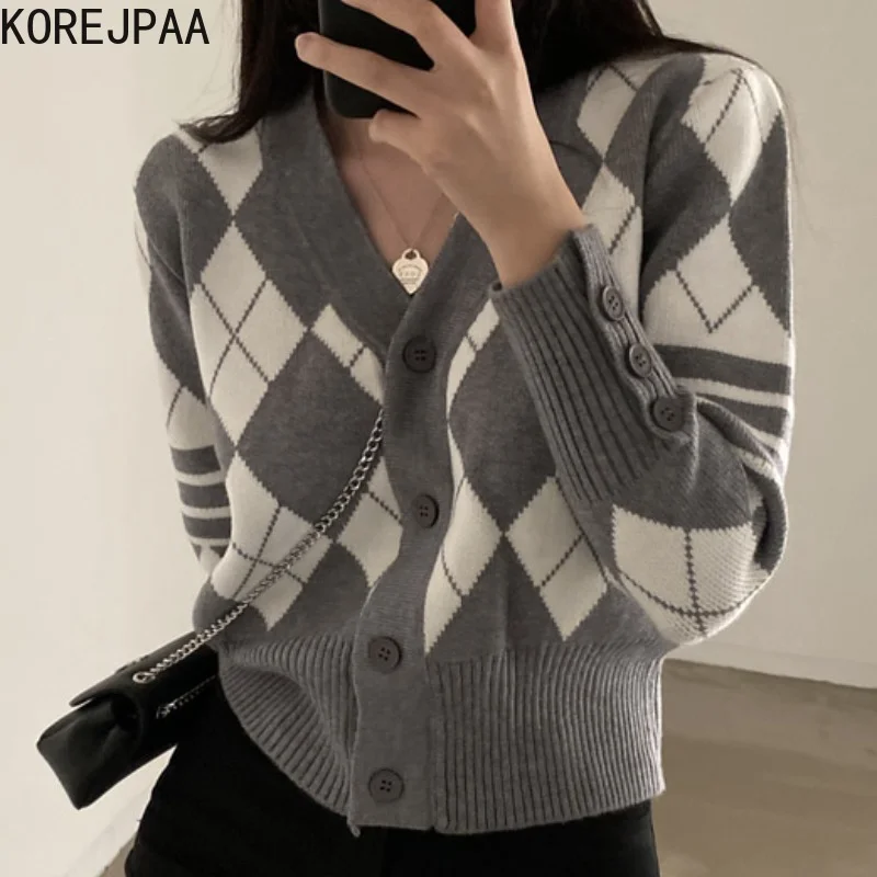 

Korejpaa Women Cardigans Chic Autumn New Retro Contrast Color Argyle V-neck Sweater Coat Long Sleeve Knitwear Pull Femme Casual