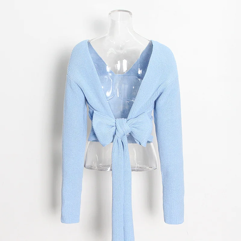 

Open Back Bow Tie Short Knit Pullver Jumper Women Fall Fashion 2021 Clothes V-Neck Solid Color Sexy Short Blue Sweater