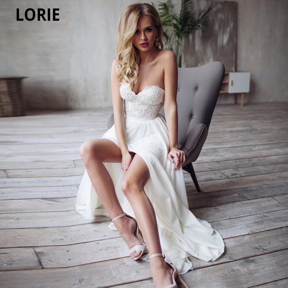

Свадебные платья LORIE без бретелек, пляжные шифоновые кружевные платья бриделя с высоким разрезом и открытой спиной без рукавов, вечернее пл...