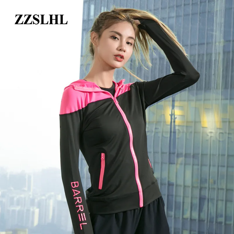 

Новинка 2019, Женская куртка с капюшоном для бега, куртка для йоги с дырками для большого пальца, куртка на молнии, одежда для фитнеса, топ, спор...