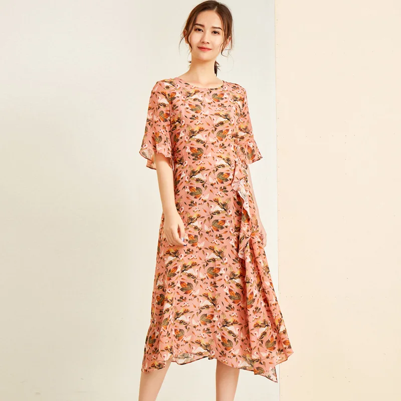 

Pink Print Leaves Floral Silk Dresses Women Fashion 2021 Summer Long Casual Sexy Office Work Daily Dress Plus Size Slim Fit A