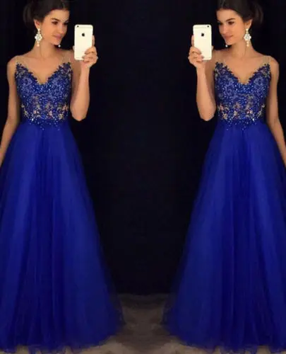 Женское вечернее кружевное платье синее бальное с V-образным вырезом облегающее