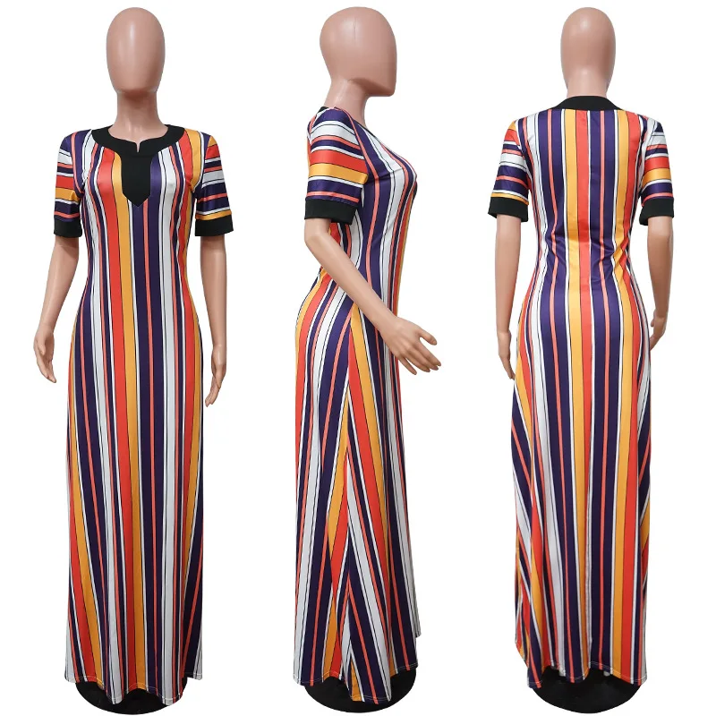 

Donsignet Fashion Women's Dress Summer Casual Hot Sale V-neck Hedging Stripe Print Sexy Slim Slim Short-sleeved Dress Clothes