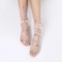 fashion floral lace socks women long tulle socks female transparent thin mesh socks chiffon lace up socks dress calcetines