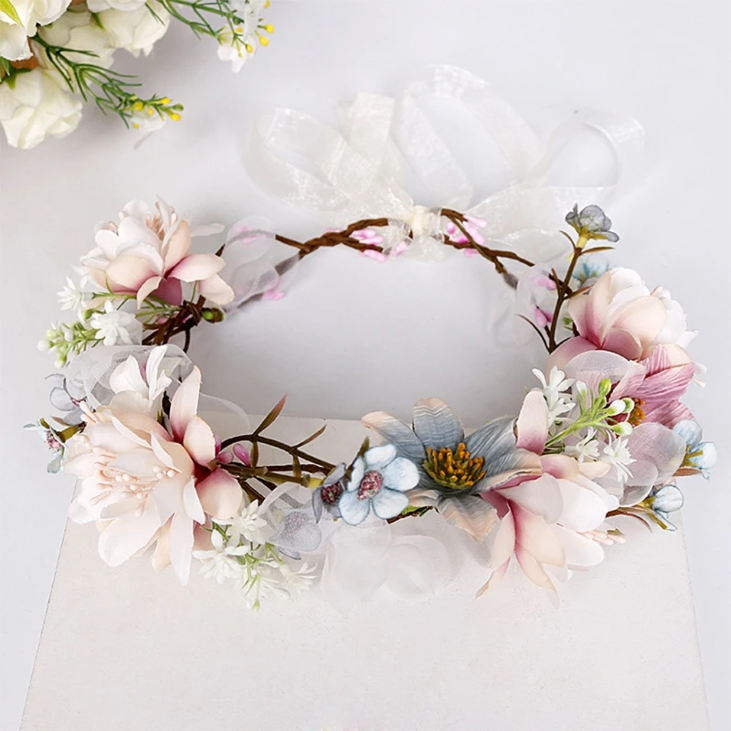 

Boho Simulation Flower Headband Hair Wreath Women Bridal Floral Garland Crown Halo Headpiece with Ribbon Wedding Holiday Beach