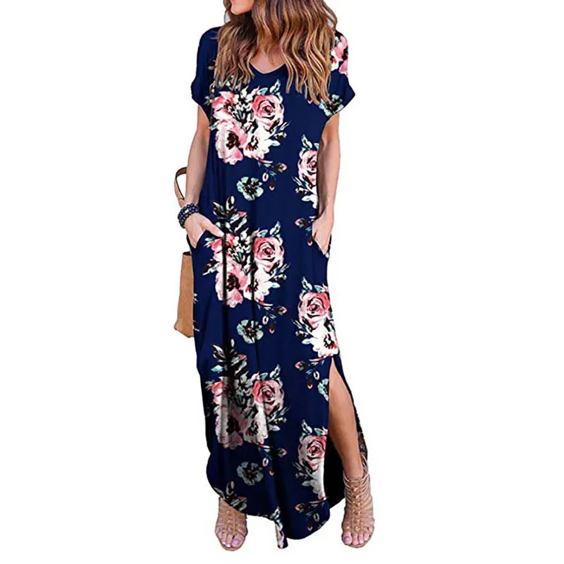 

Long Skirt Women's Loose Bohemian Flower Dress Ladies Pocket Summer Flower Sunflower Robe Tops Type Sleeve Style Collar Fit Type