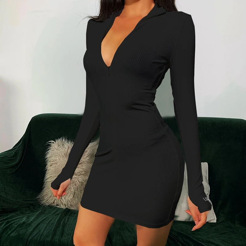 

Sexy Zipper V Neck Dress Women Casual Embroidery Lucky Label Long Sleeve Knit Rib Bodycon Women Dress dresses for women