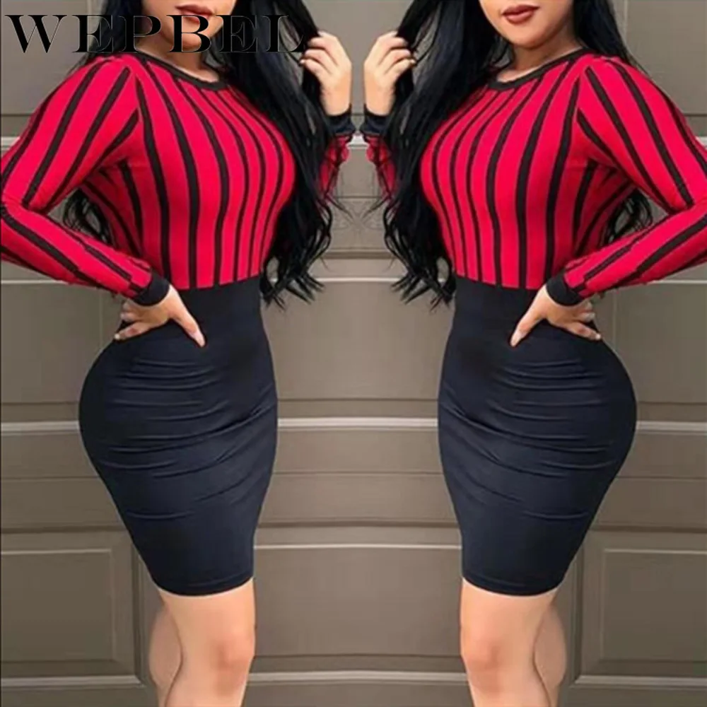 

WEPBEL Sexy Women O Neck Long Sleeve Striped Dress Hole Back Casual Bodycon Dress Lady Workout Dress