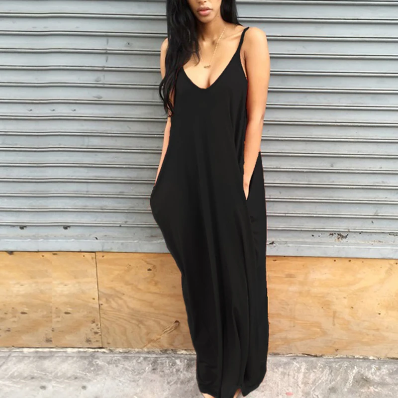 

Sexy Summer Solid Spaghetti Strap Women Dress Casual V Neck Long Maxi Dress Loose Pockets Summer Dresses Female Sundresses