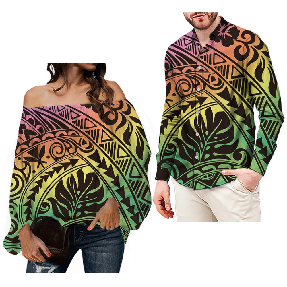 

Chiffon Blouse for Women 2022 Spring Casual Polynesian Hawaiian Tattoo Print Long Sleeve Top Tee Sexy Off Shoulder Party Clothes
