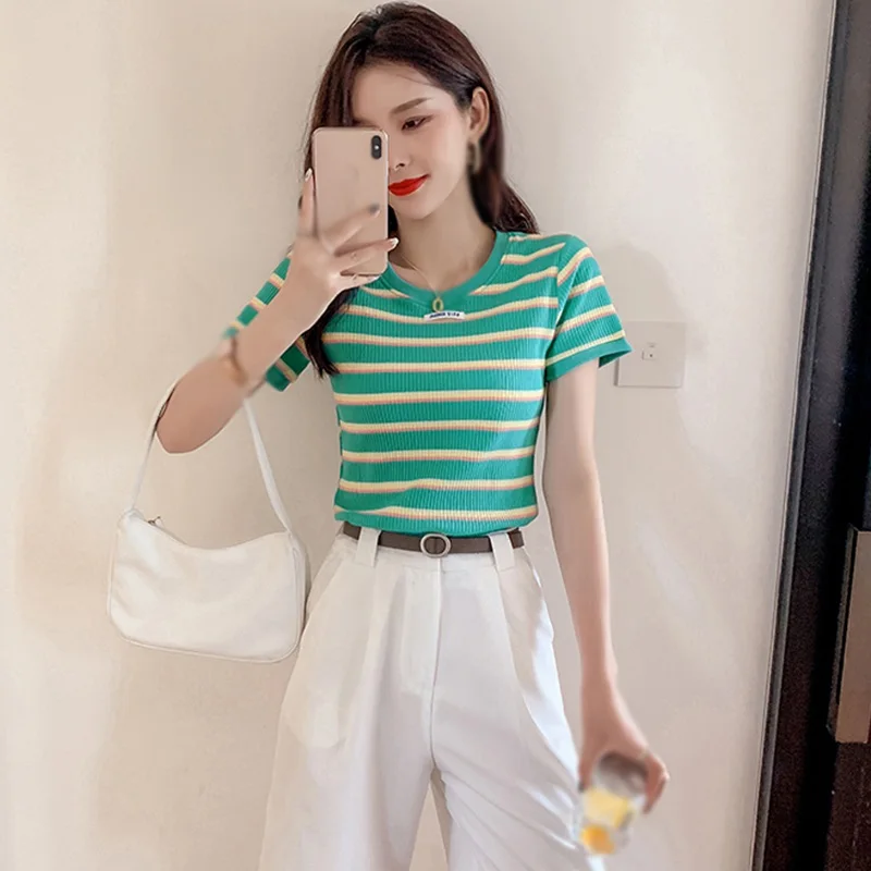 

Women O Neck Striped KnittedT-Shirts Summer Casual Ladies Slim Short Sleeve T-Shirt Short Tops