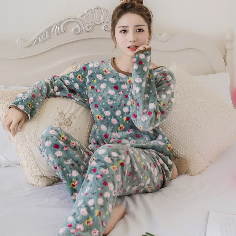 Winter Women Warm Casual Nightdress Sleepwear Pijama Mujer Flannel full-sleeve Pajamas Set Ladies Homewear Pyjamas Women Clothes