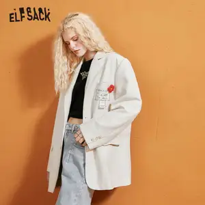 Женский блейзер ELFSACK, бежевый однобортный Блейзер в Корейском стиле, осенняя повседневная верхняя одежда больших размеров с аппликацией эльфа на осень 2020