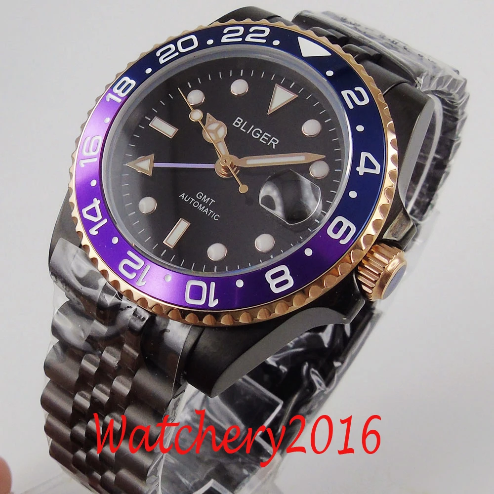 

40mm BLIGER Black Dial Sapphire PVD Date GMT Luminous Automatic jubilee men's Watch