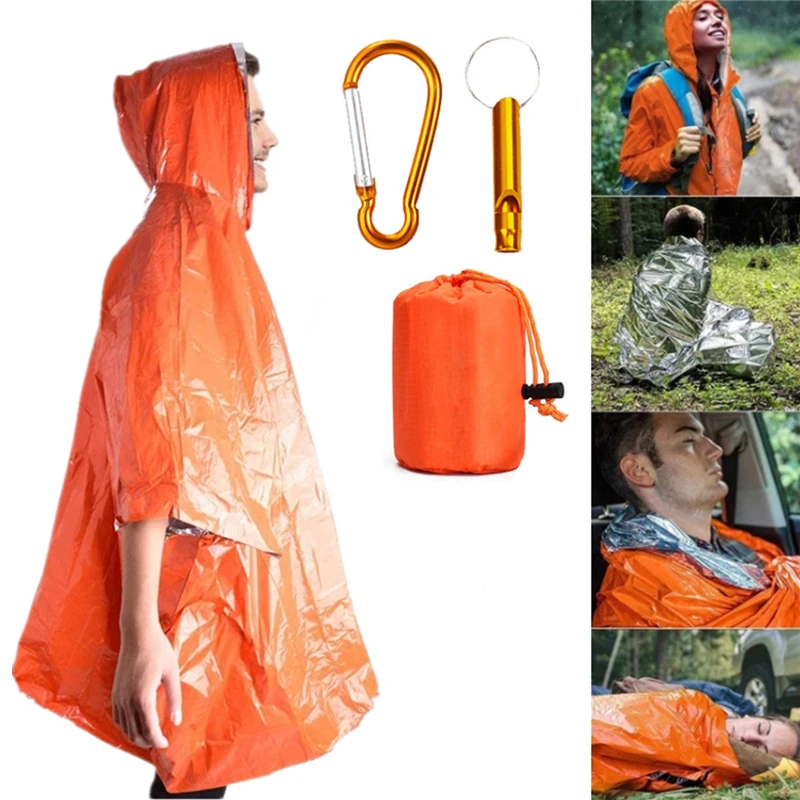 

Aluminum Film Emergency Blanket Poncho Raincoat Outdoor Survival Tool Warmer Blanket With Whistle Camping Equipment Survival Kit