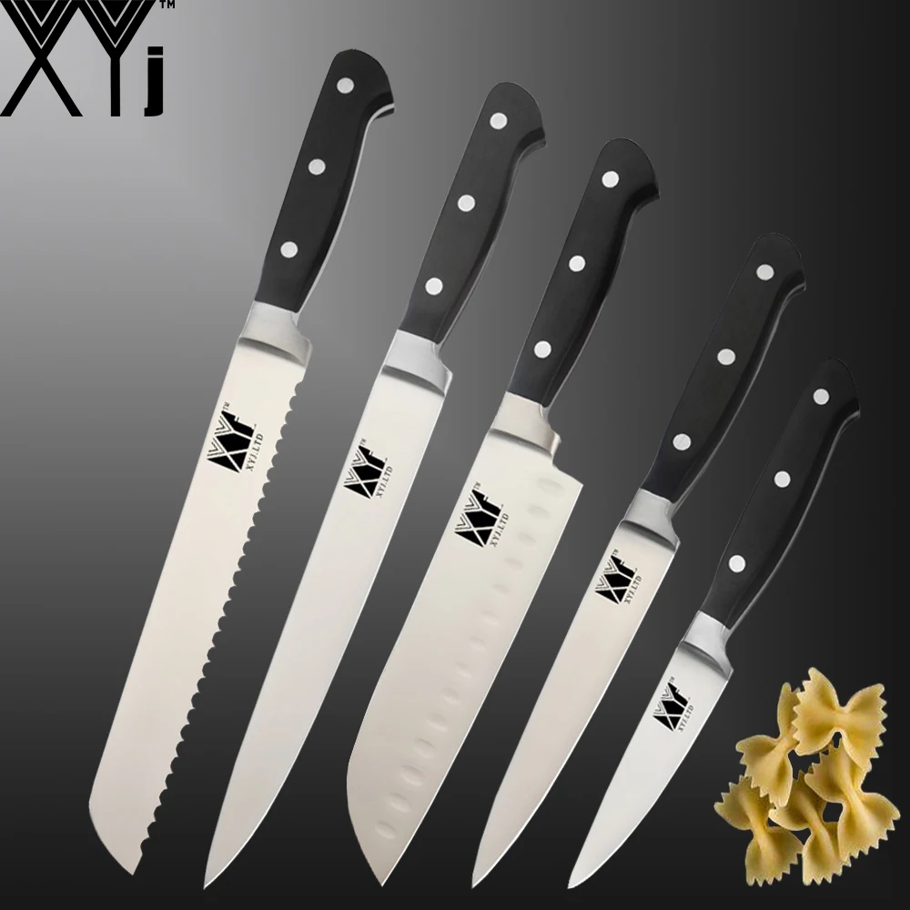 

Stainless Steel Kitchen Knives Set Chef Bread Knife Slicing Santoku Meat Cleaver Utility Knife Set with ABS Handle