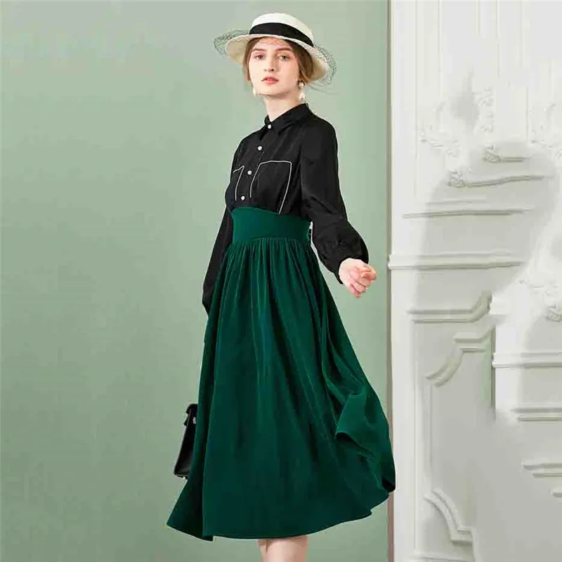 

Hepburn Vintage Long Midi Dress Women Elegant Patchwork Shirts Party Dress Lantern Sleeve Turn Down Collar Autumn Big Swing B405