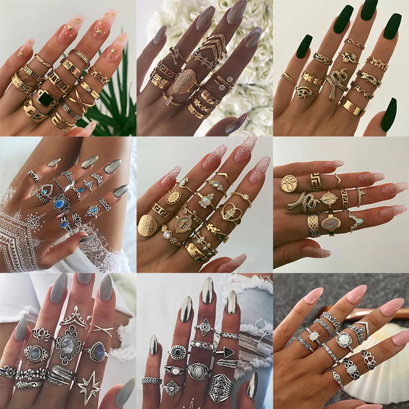 

KSRA Boho Vintage Gold Joint Knuckle Rings Women Bohemia Snake Crystal Geometric Female Finger Rings Set Jewelry