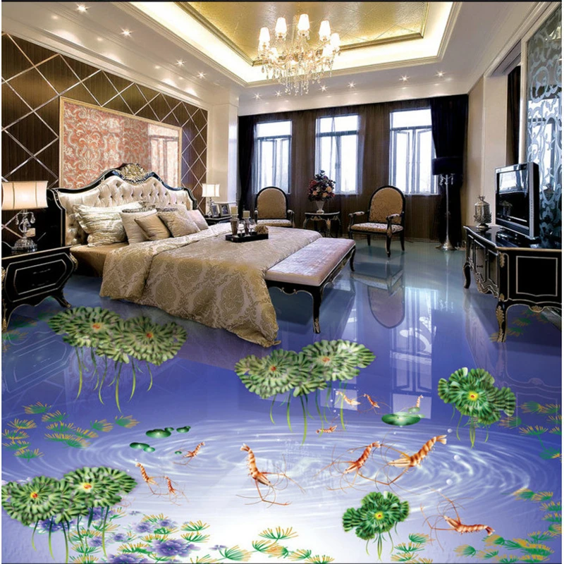 

wellyu Custom mural hand-painted shrimp lotus 3D bathroom living room floor tile floor pvc waterproof wear-resistant floor