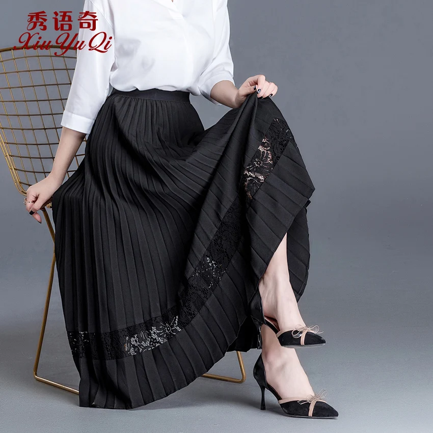 Lace Winter Skirt Autumn Women Fashion Skirts Elegant Long Pleated Skirt Ladies Vintage Black Faldas 860701